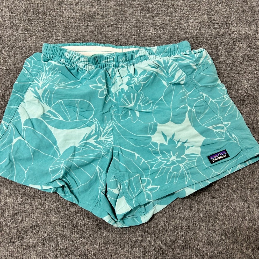 Patagonia Baggies Shorts Womens Size XXS Teal Floral Nylon Outdoor Hiking Casual